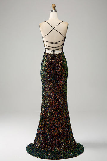 Glitter Black Spaghetti Straps Sequins Mermaid Formal Dress with Slit